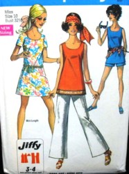 8259 1969 SIMPLICITY JIFFY MINI DRESS, TOP,  BELLS, SHORTS 69 PATTERN 8 OR 12 MP CHOICE